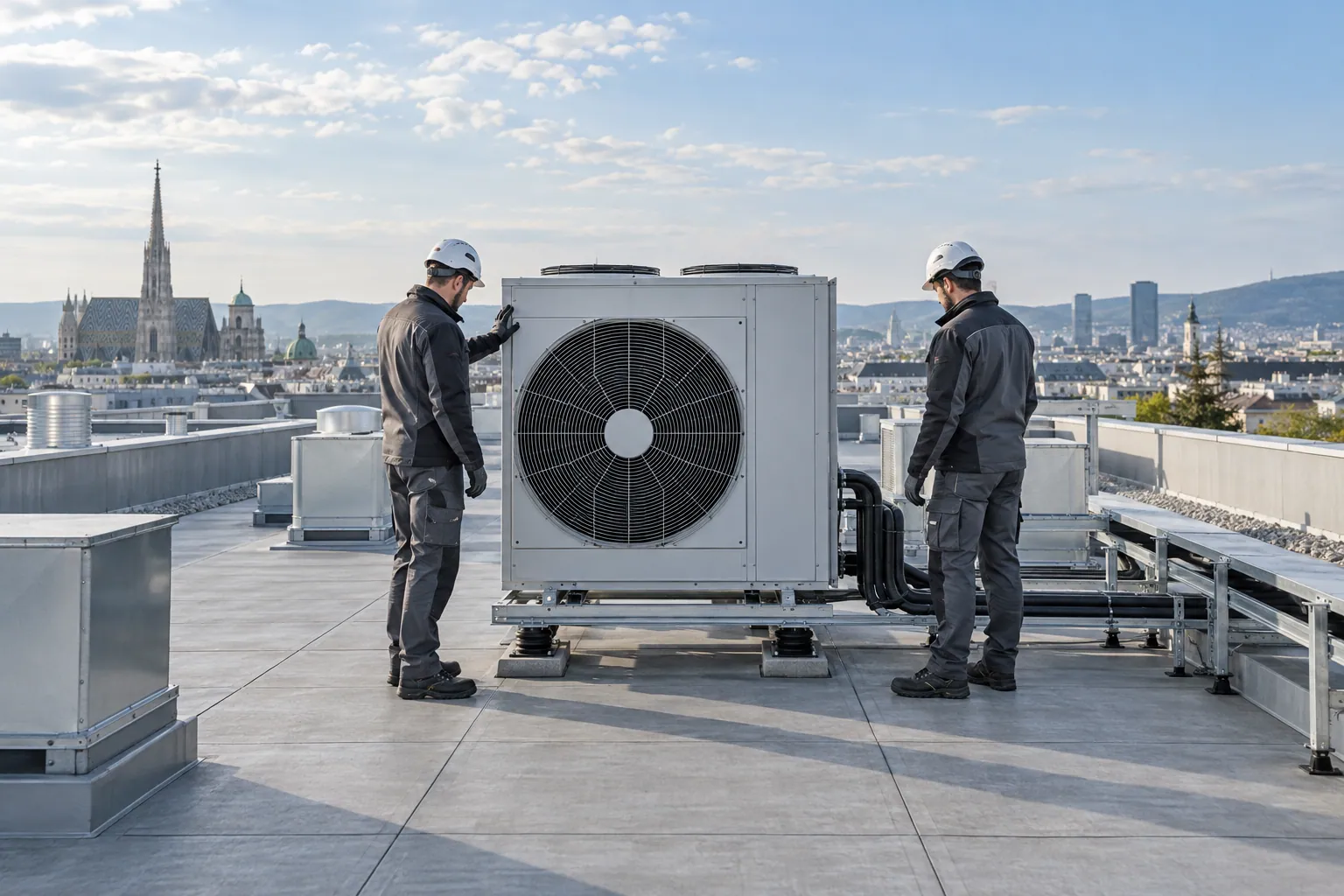 HKLS-Techniker bei einer Anlage auf einem Gewerbedach